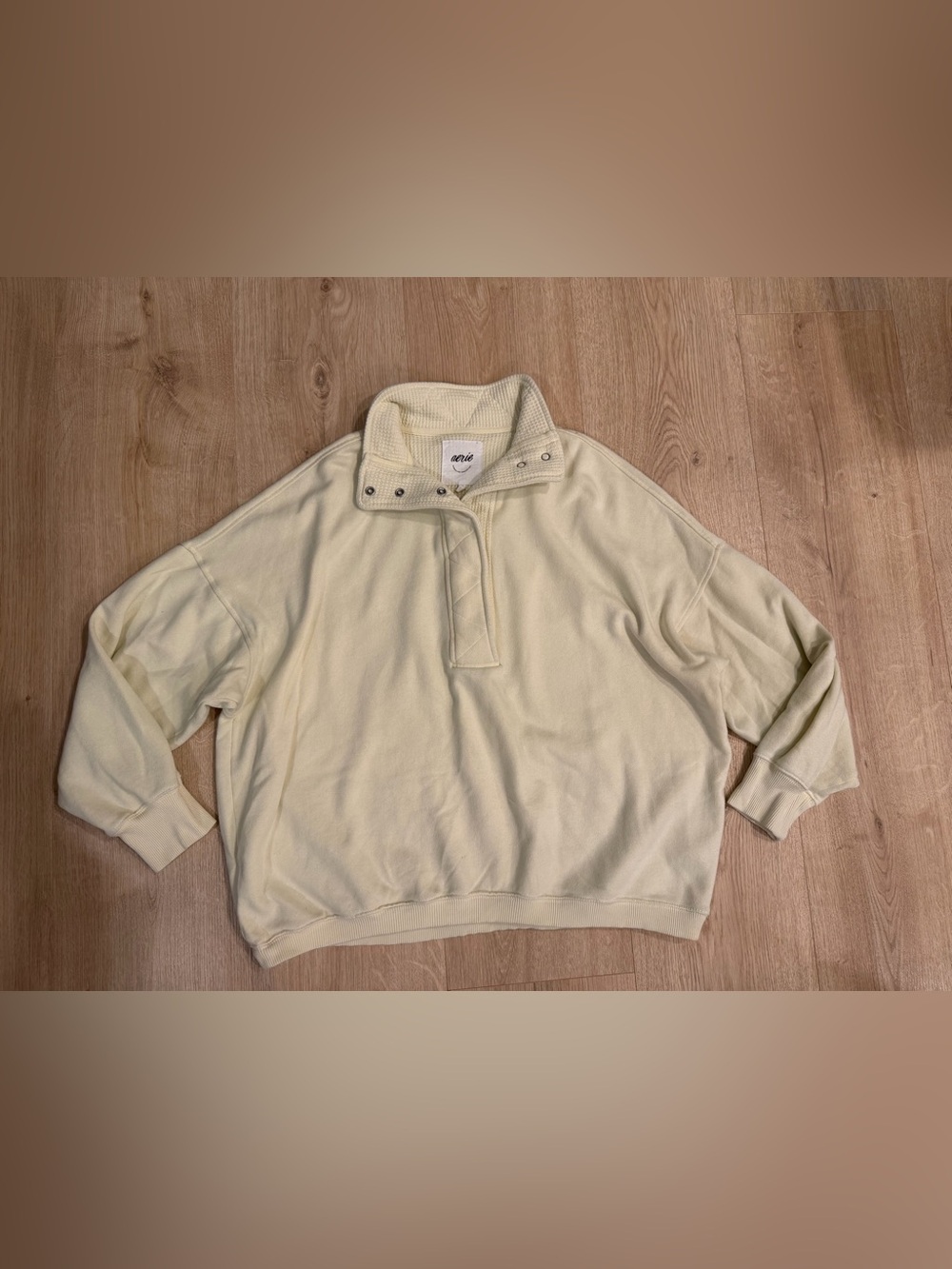 Women’s Aerie Beige Mock Neck Snap Oversized Cotton Pullover Sweatshirt Size L